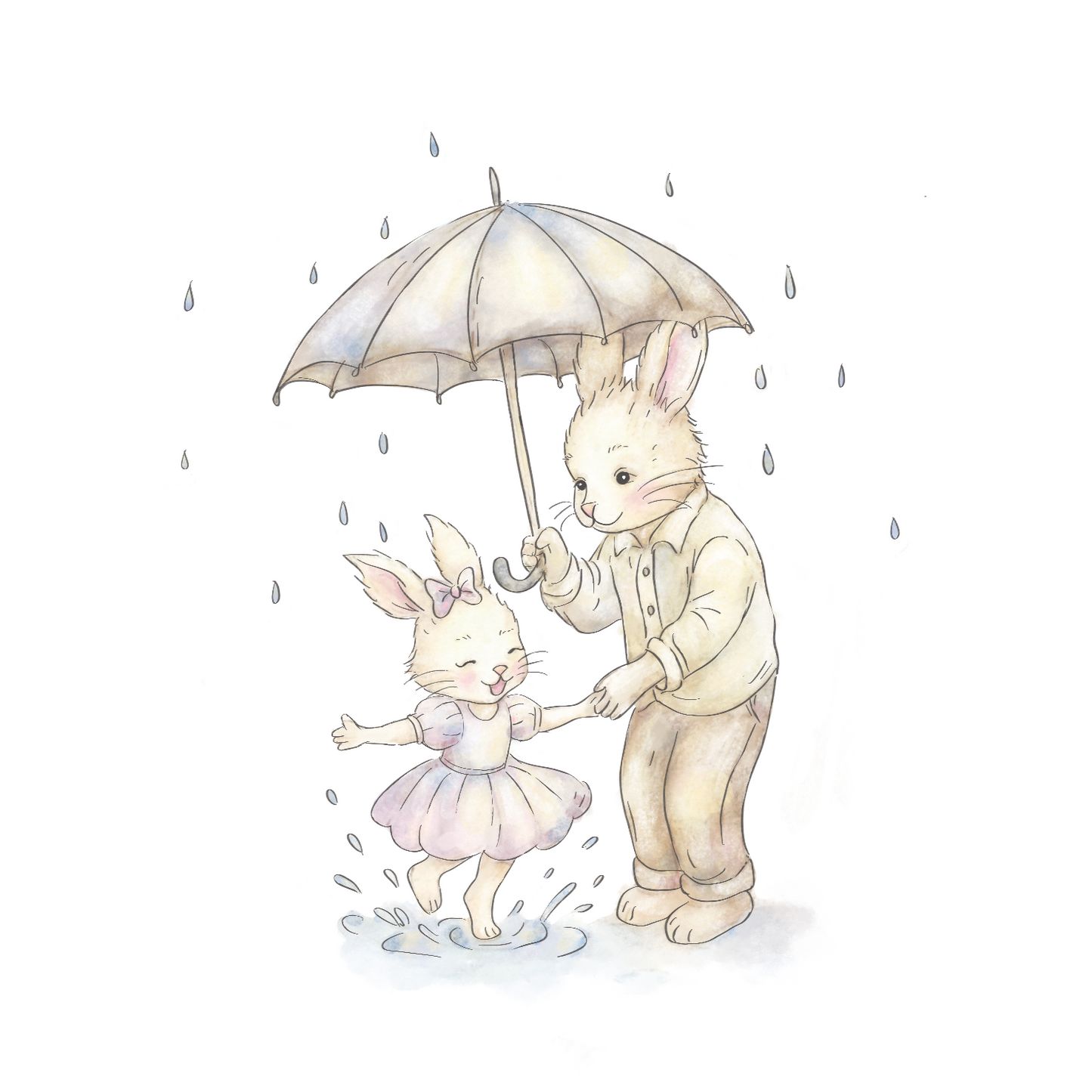 Bunny and daughter Splashing in the Rain