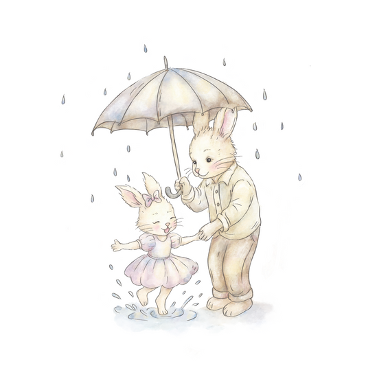 Bunny and daughter Splashing in the Rain