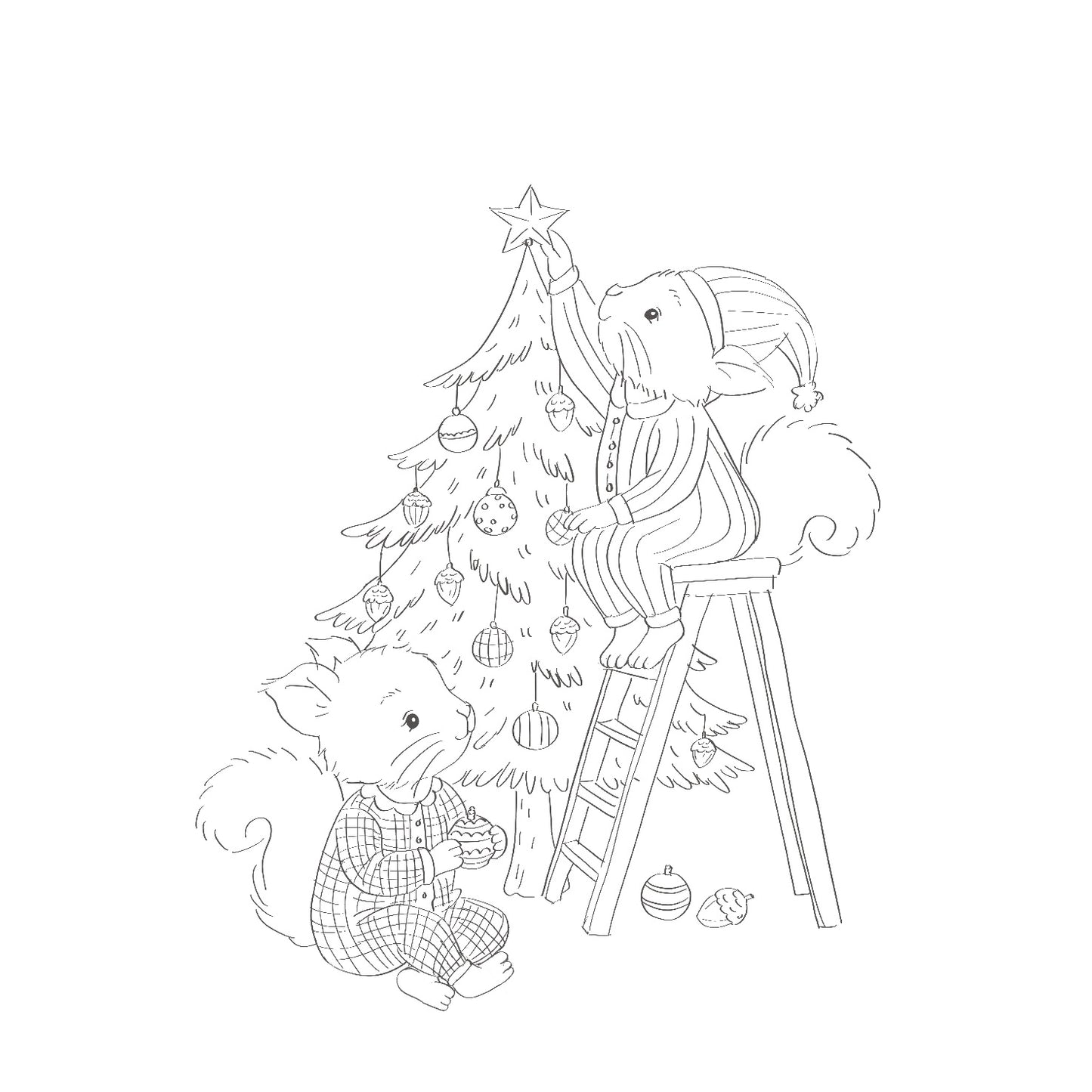 Squirrels decorating for Christmas- Colour Me In