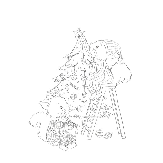 Squirrels decorating for Christmas- Colour Me In