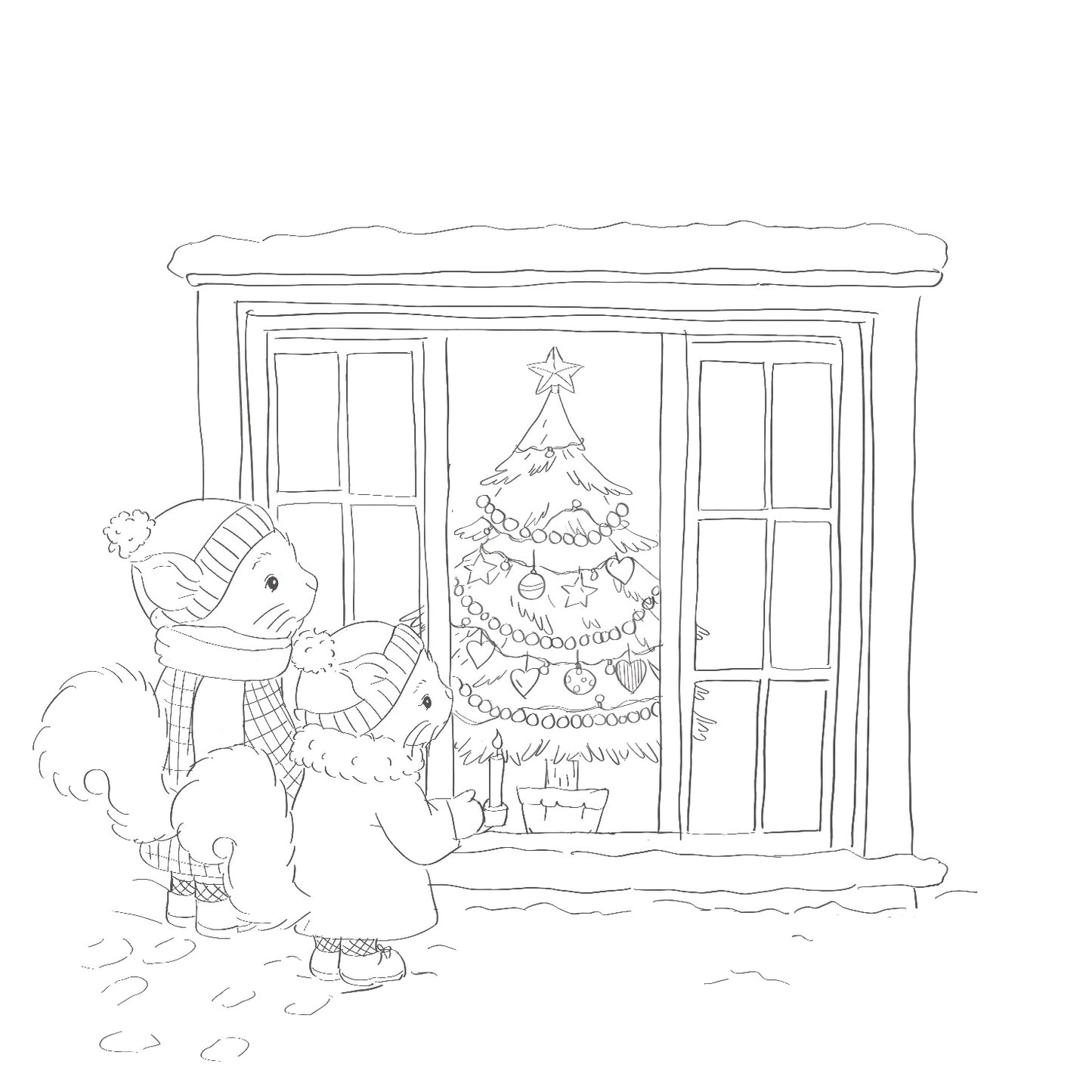 The Christmas Window Squirrels- Colour Me In